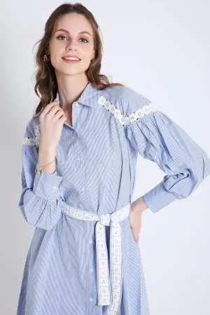 Short Shirt Dress in Stripes with Long Sleeves & Lace Detail French Theory