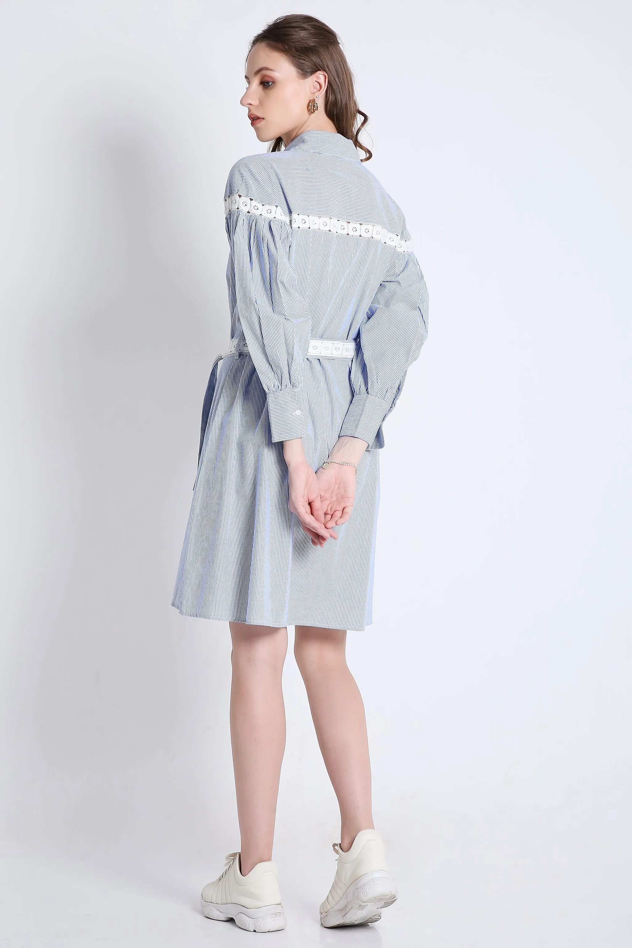 Short Shirt Dress in Stripes with Long Sleeves & Lace Detail French Theory