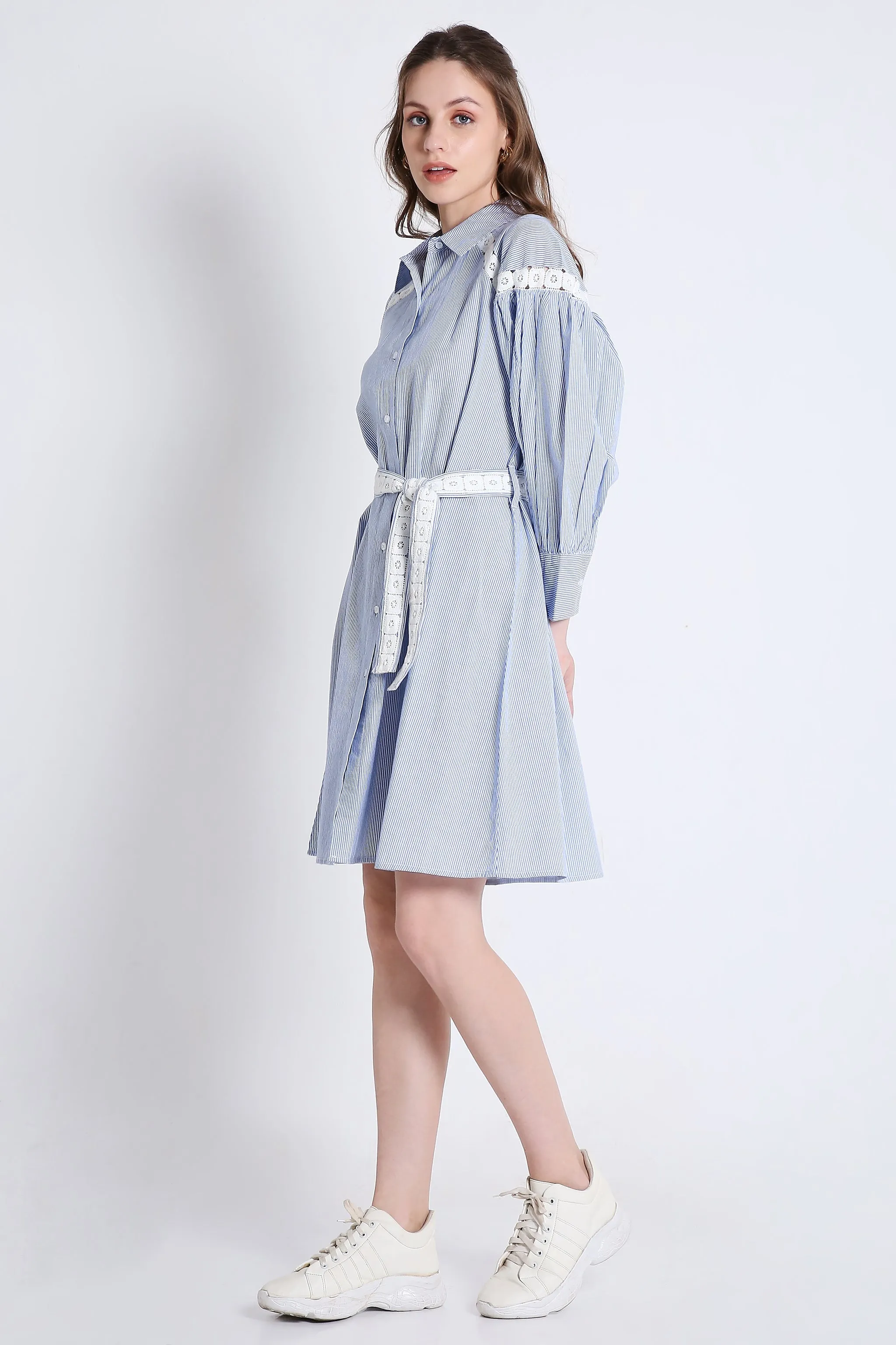 Short Shirt Dress in Stripes with Long Sleeves & Lace Detail French Theory