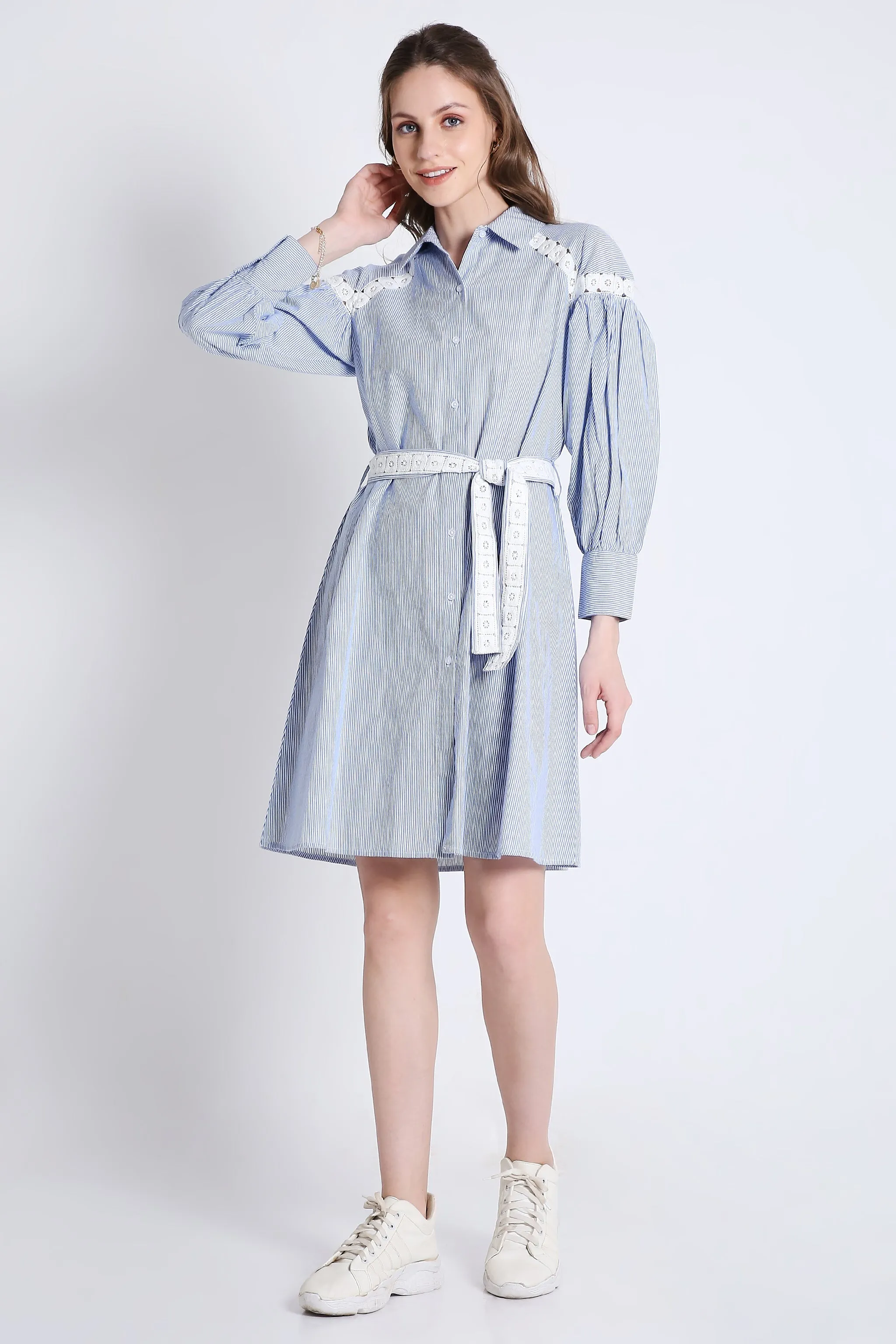 Short Shirt Dress in Stripes with Long Sleeves & Lace Detail French Theory