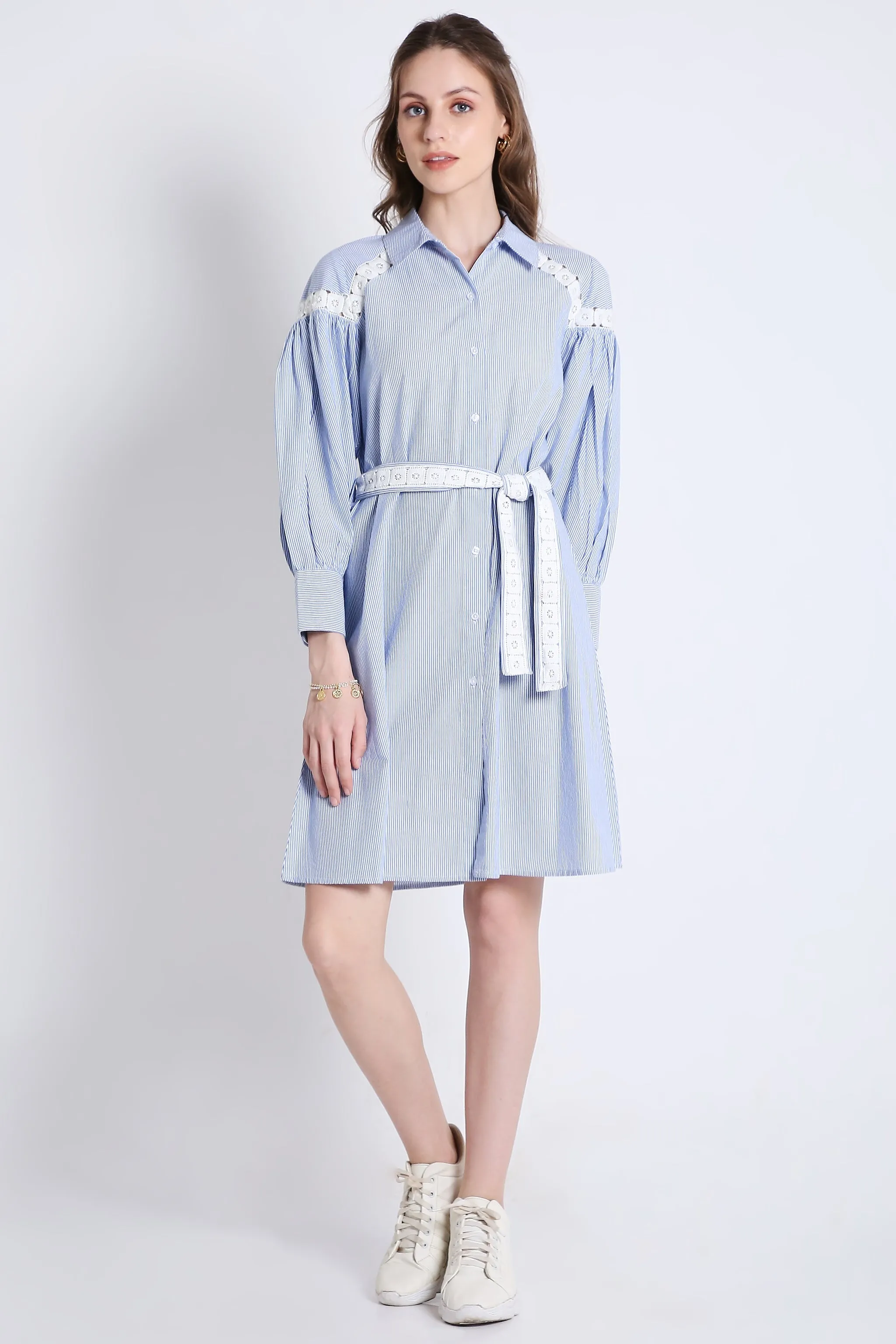 Short Shirt Dress in Stripes with Long Sleeves & Lace Detail French Theory