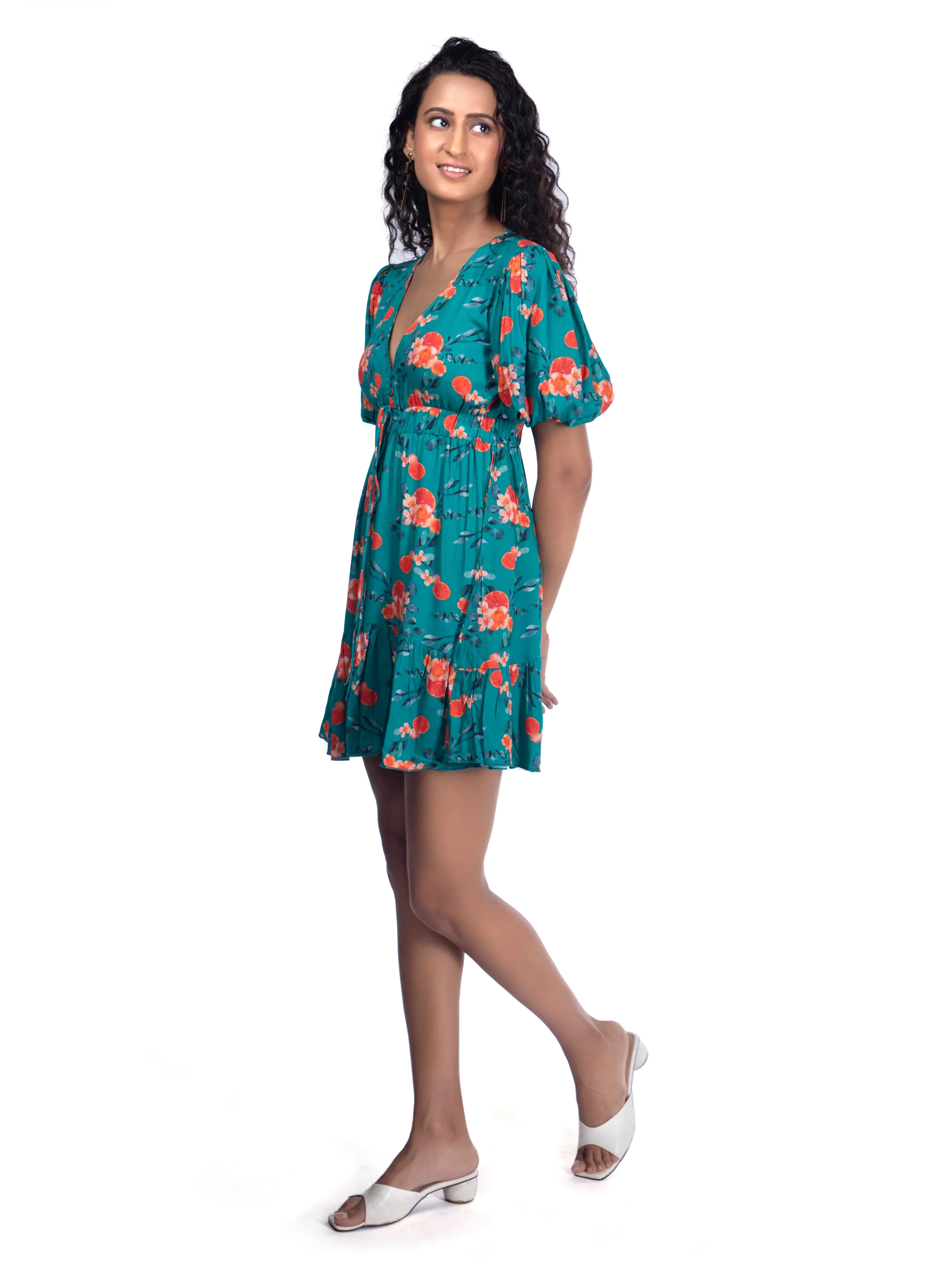 Tuquoise Blue Printed Plunge Neck Summer Dress French Theory