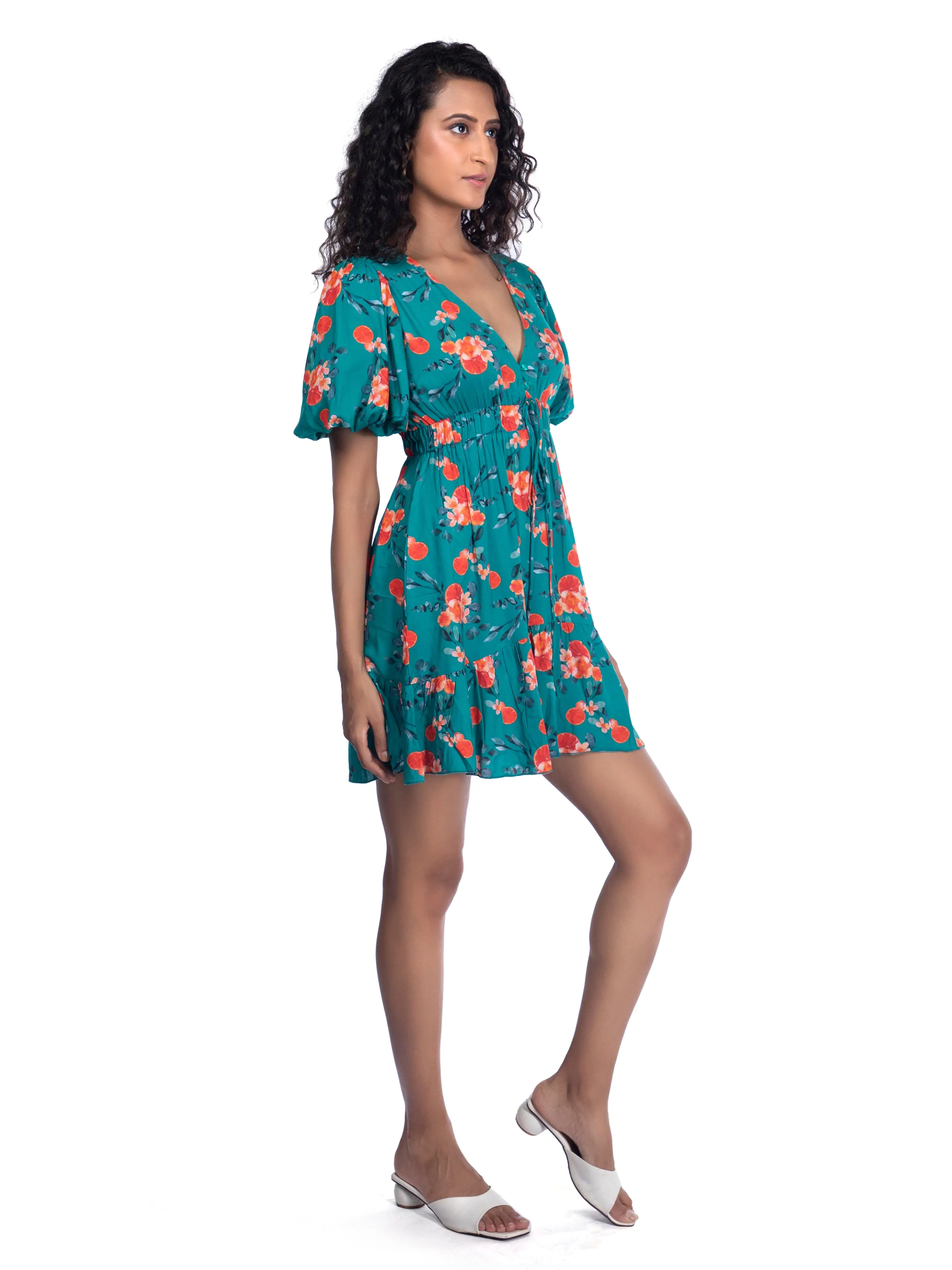 Tuquoise Blue Printed Plunge Neck Summer Dress French Theory
