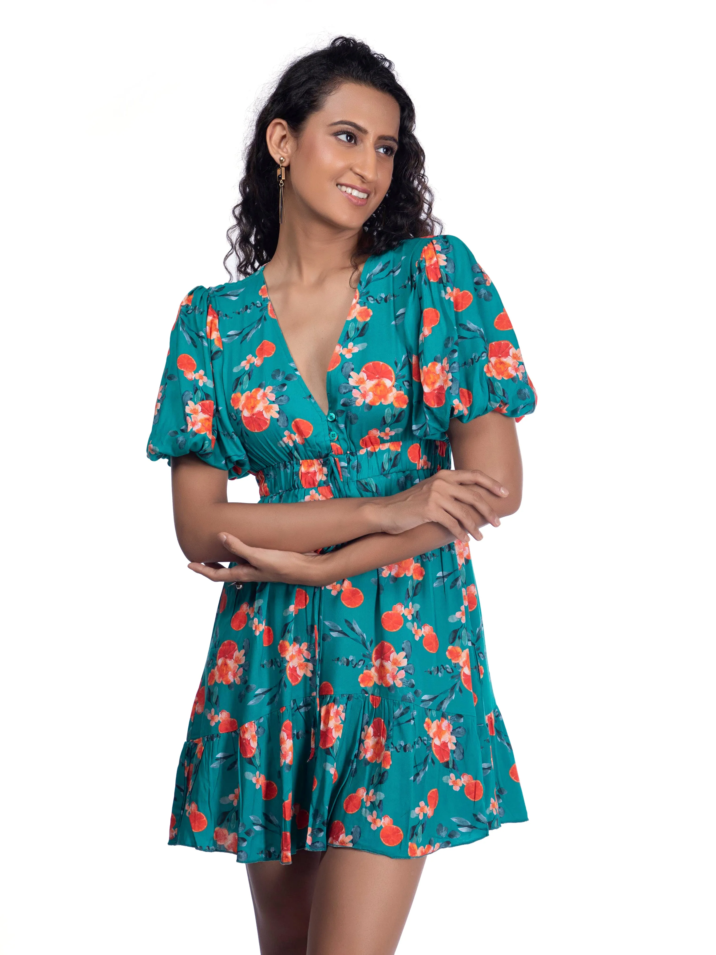 Tuquoise Blue Printed Plunge Neck Summer Dress French Theory
