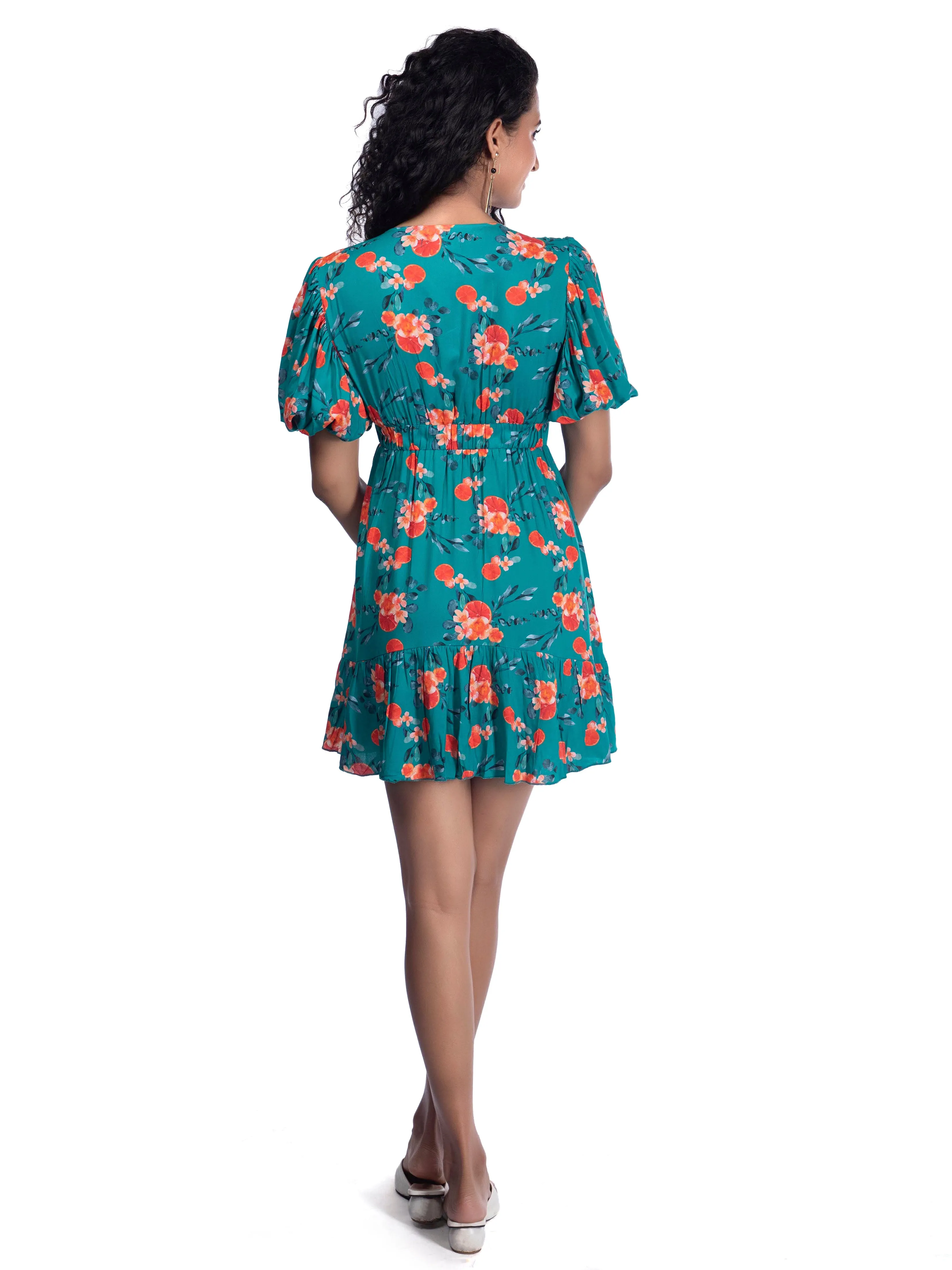 Tuquoise Blue Printed Plunge Neck Summer Dress French Theory