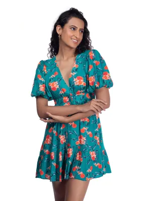 Tuquoise Blue Printed Plunge Neck Summer Dress French Theory