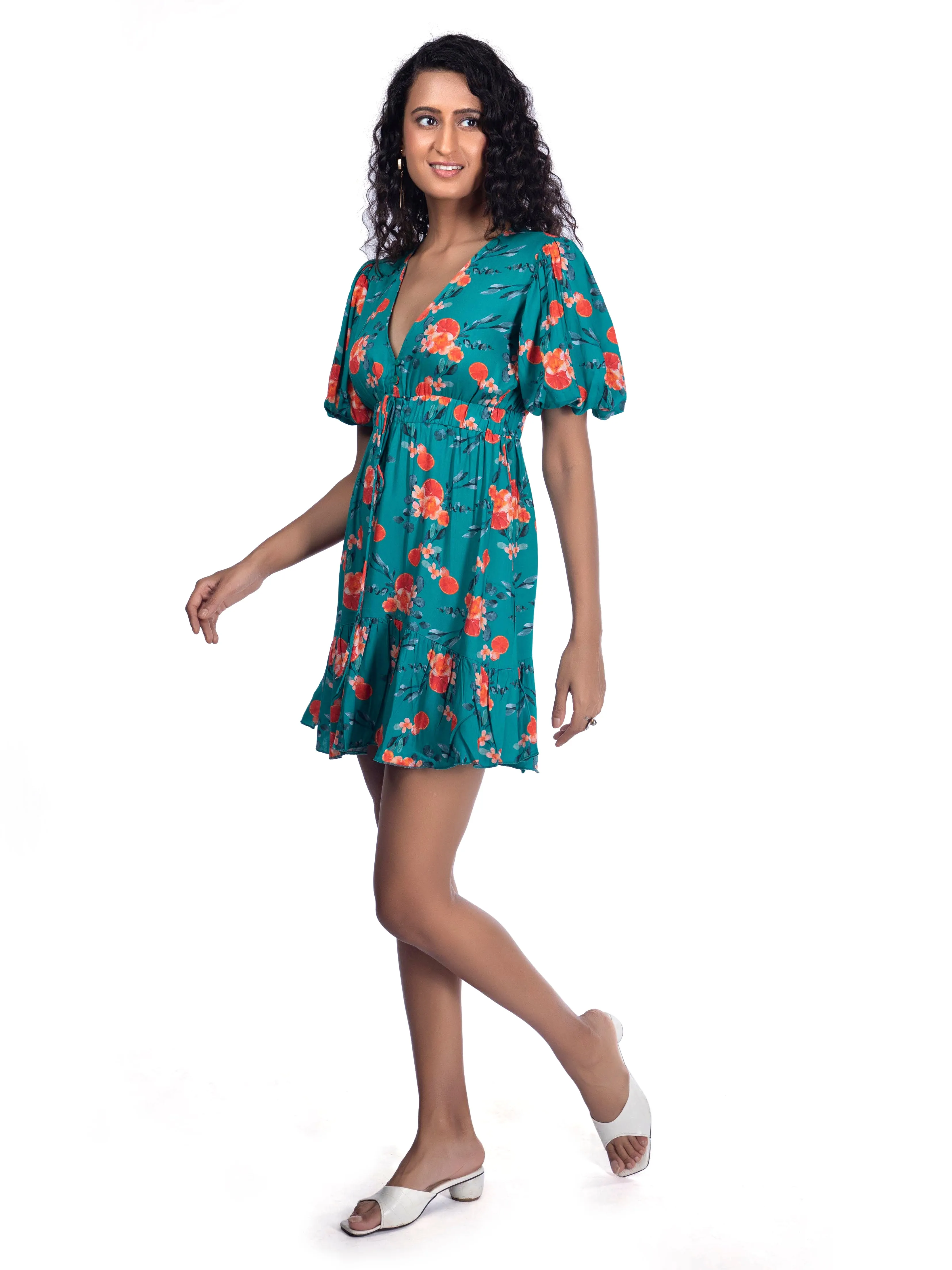 Tuquoise Blue Printed Plunge Neck Summer Dress French Theory