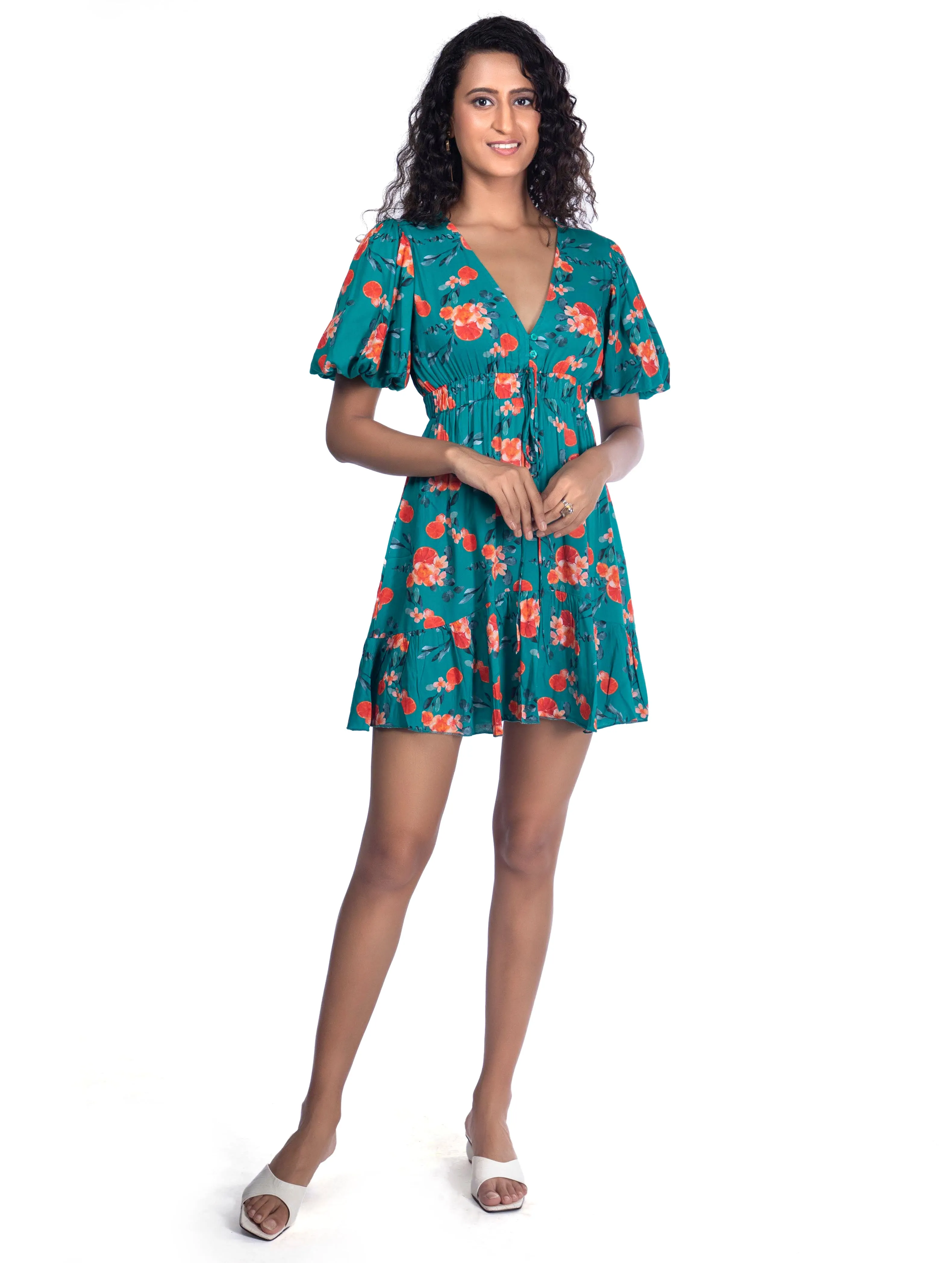 Tuquoise Blue Printed Plunge Neck Summer Dress French Theory