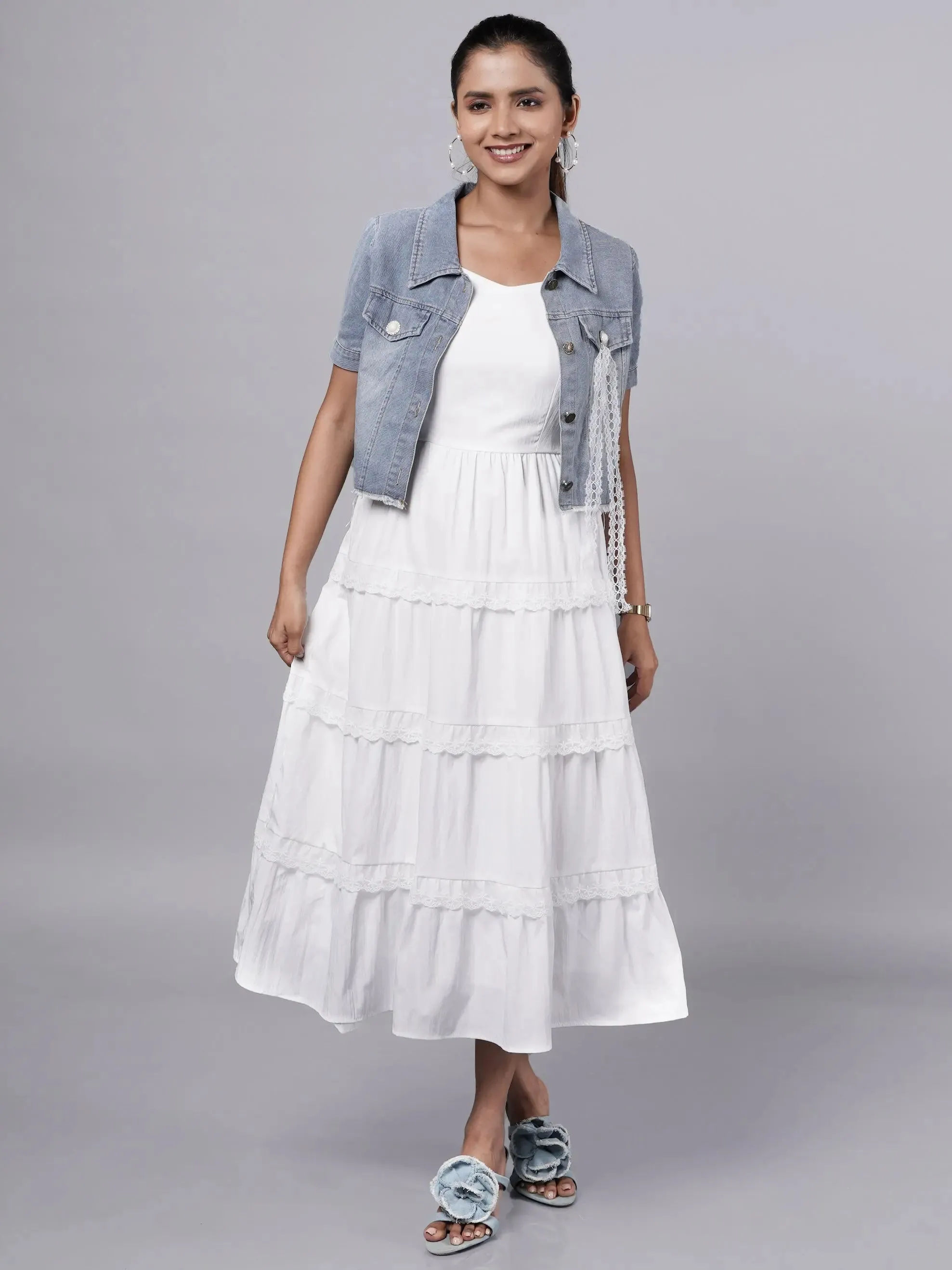 White Ruffle Midi Dress with Vintage Denim Jacket French Theory