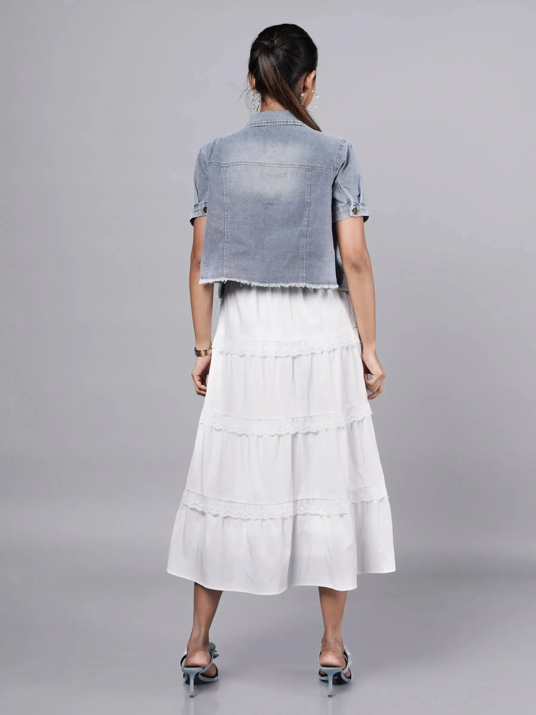White Ruffle Midi Dress with Vintage Denim Jacket French Theory