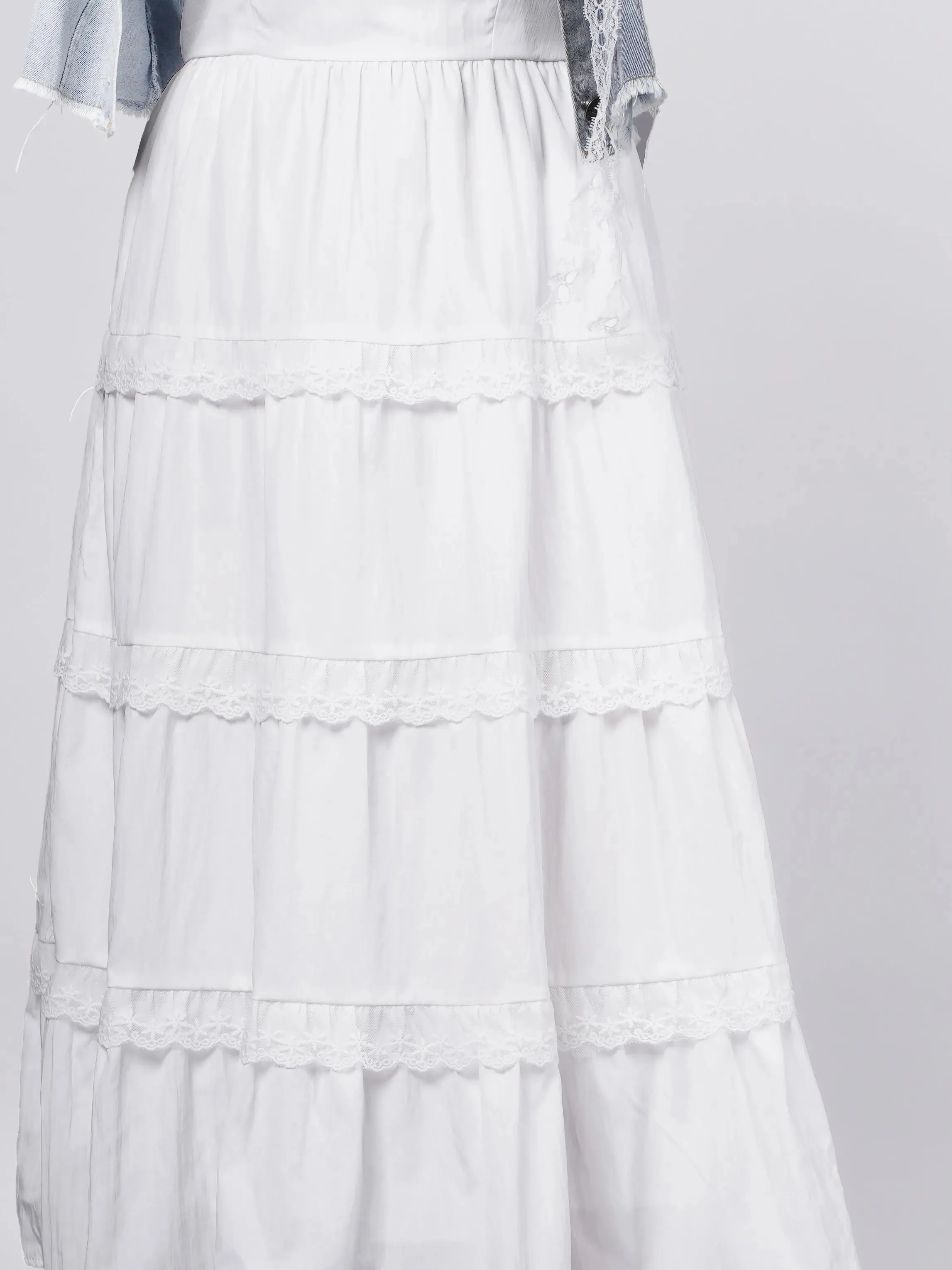 White Ruffle Midi Dress with Vintage Denim Jacket French Theory