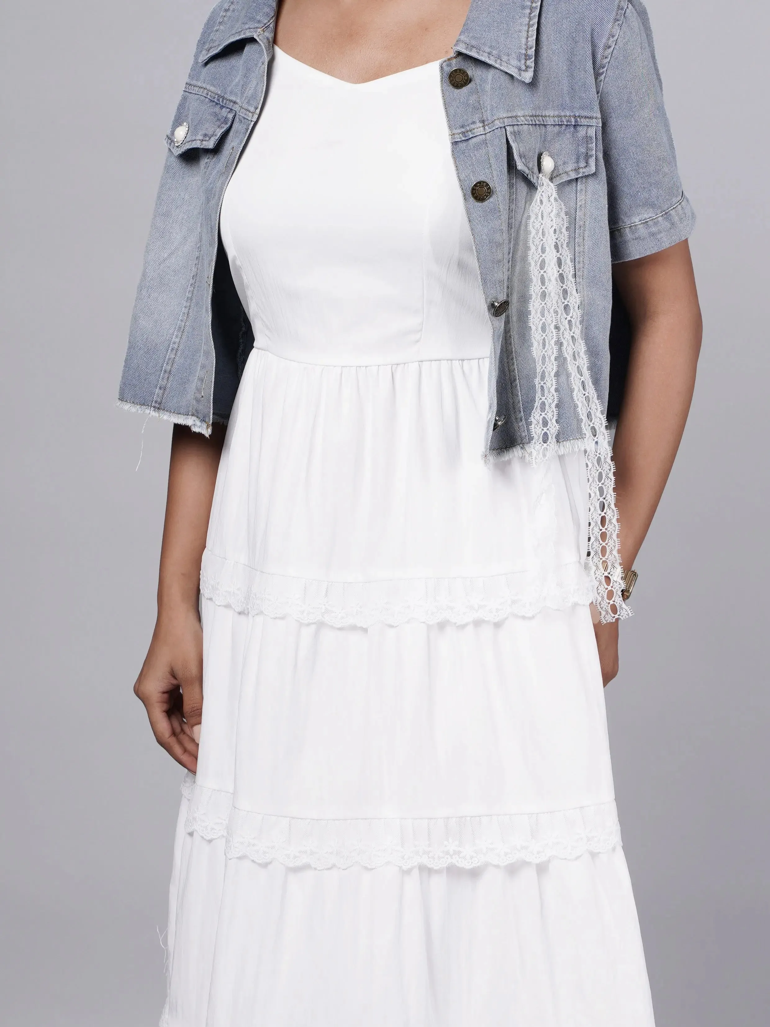 White Ruffle Midi Dress with Vintage Denim Jacket French Theory