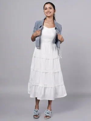 White Ruffle Midi Dress with Vintage Denim Jacket French Theory