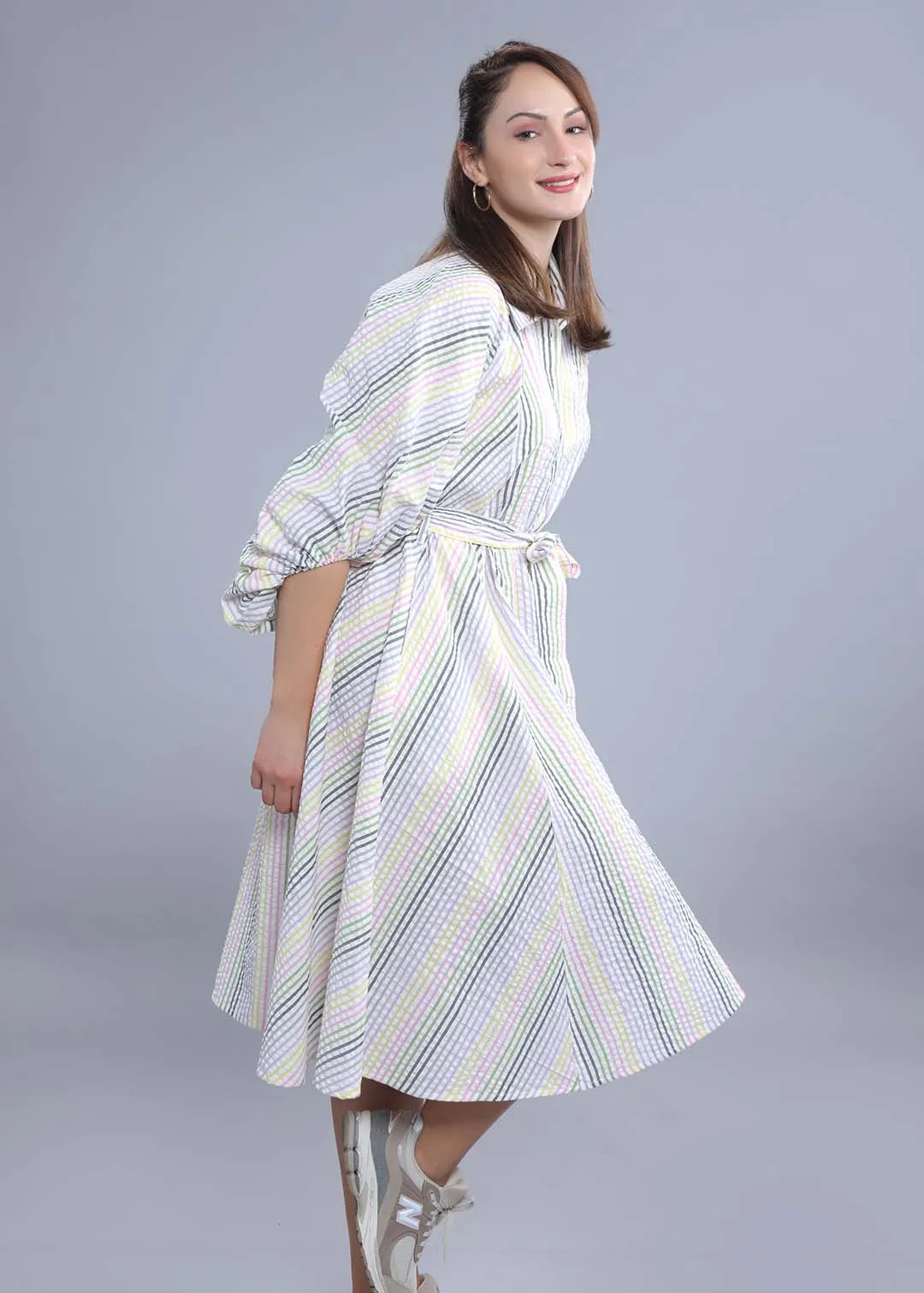 White Seer Sucker A-Line Stripe Dress French Theory