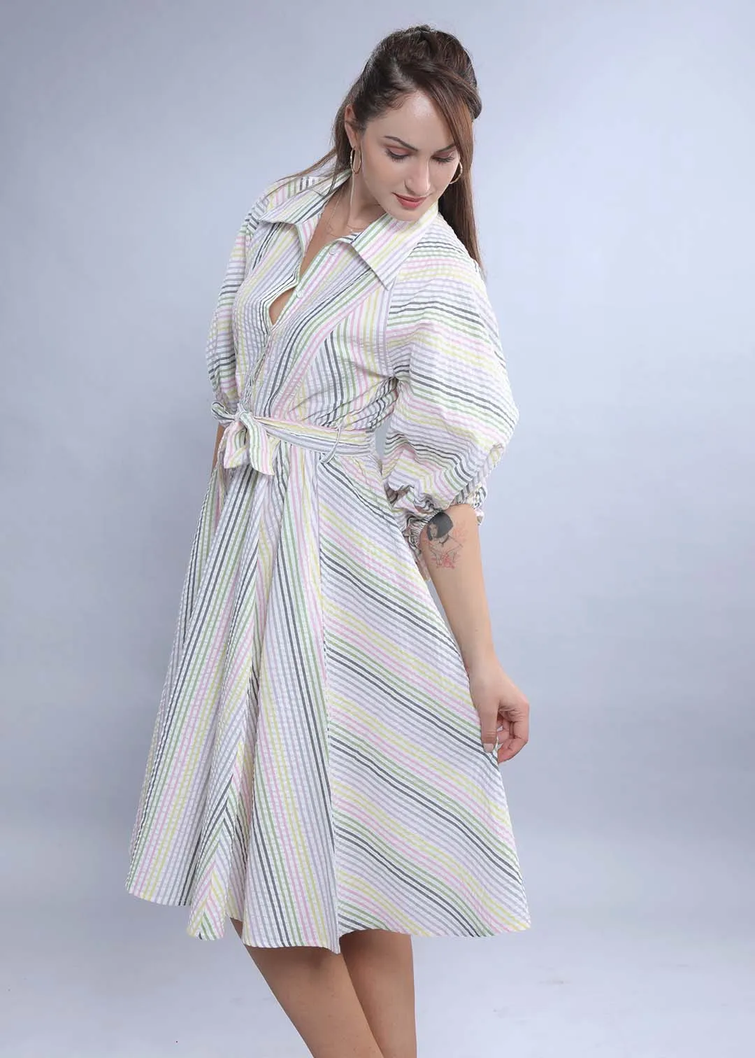 White Seer Sucker A-Line Stripe Dress French Theory