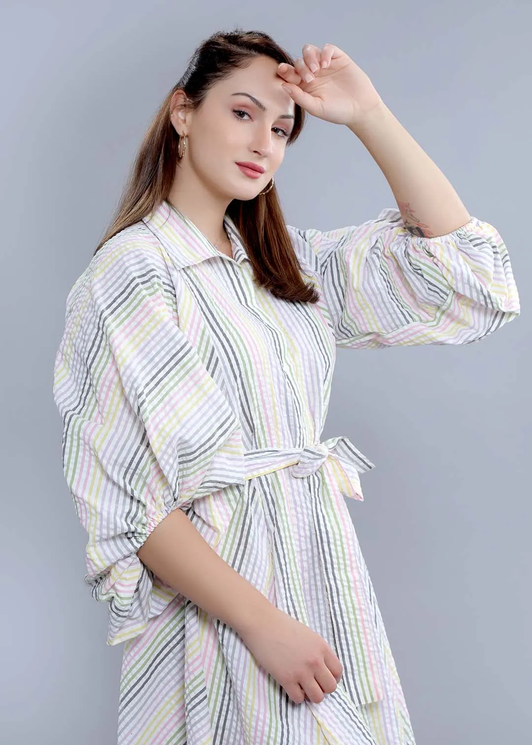White Seer Sucker A-Line Stripe Dress French Theory