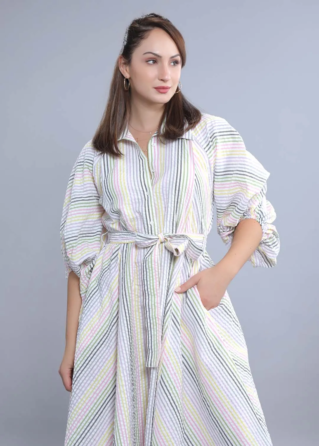 White Seer Sucker A-Line Stripe Dress French Theory